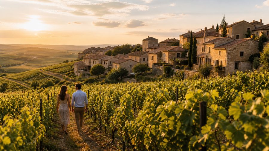 Ambiance romantique inspirée des villages en pierres dorées du Beaujolais au soleil couchant