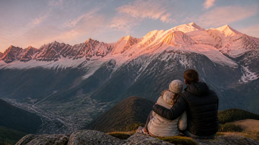 Ambiance romantique inspirée de Chamonix face au Mont-Blanc au coucher du soleil