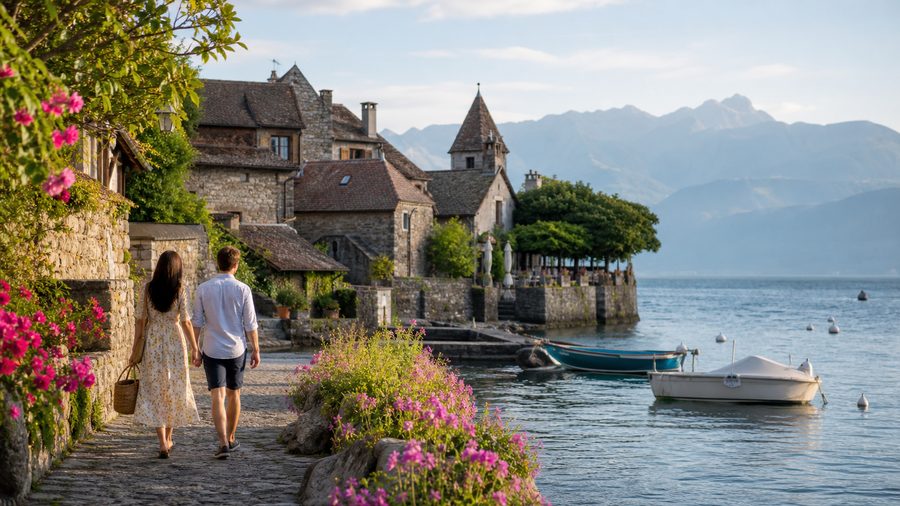 Ambiance romantique inspirée d'Yvoire et du lac Léman au matin