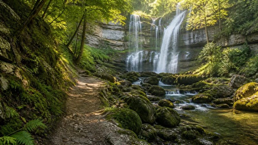 Ambiance romantique inspirée des Cascades du Hérisson avec forêt, sentier humide et chutes d'eau du Jura