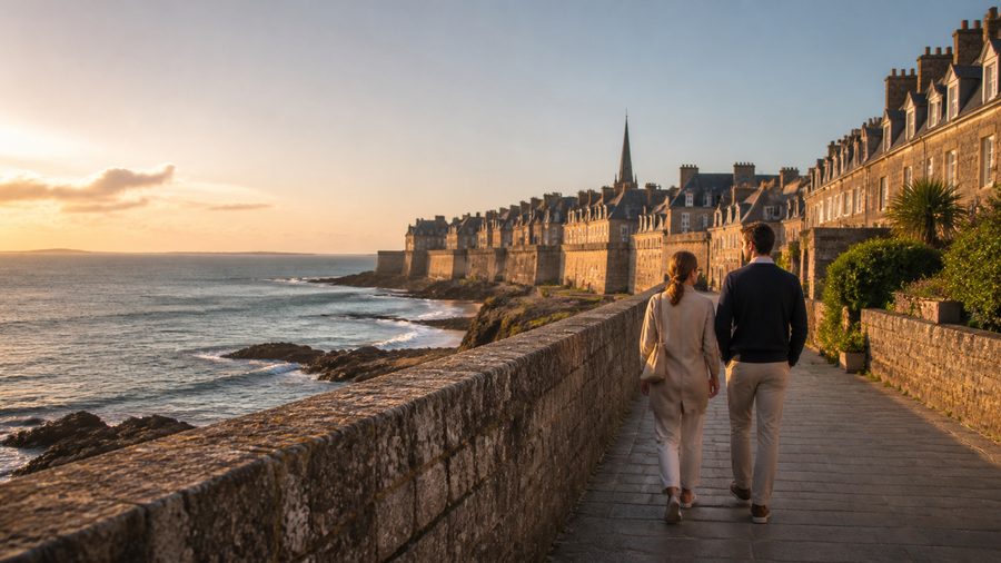 Ambiance romantique inspirée des remparts de Saint-Malo au coucher du soleil
