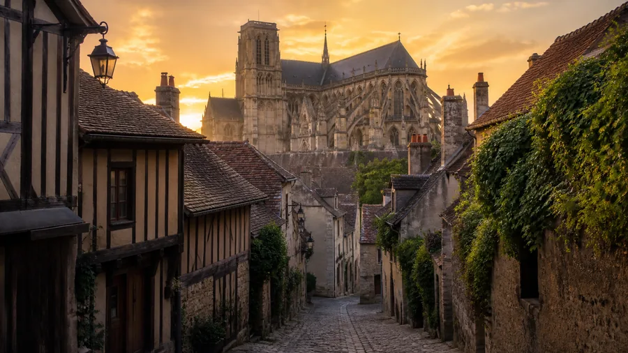 Ambiance romantique inspirée de Bourges avec cathédrale gothique, ruelles anciennes et maisons à pans de bois