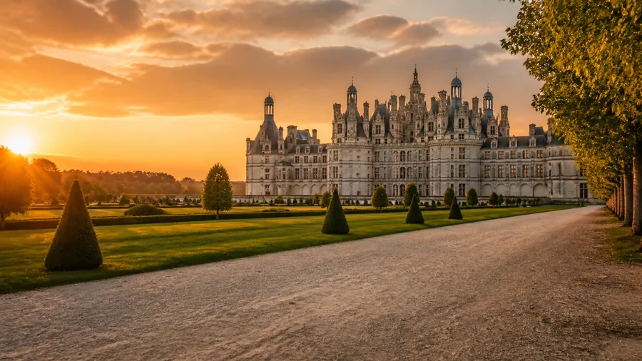 Ambiance romantique inspirée de Chambord avec grand domaine, allée de parc et château au coucher du soleil