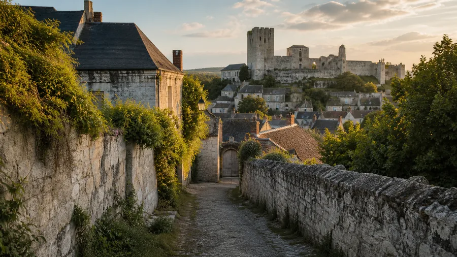 Ambiance romantique inspirée de Loches avec cité royale, ruelle de pierre et donjon au soleil bas