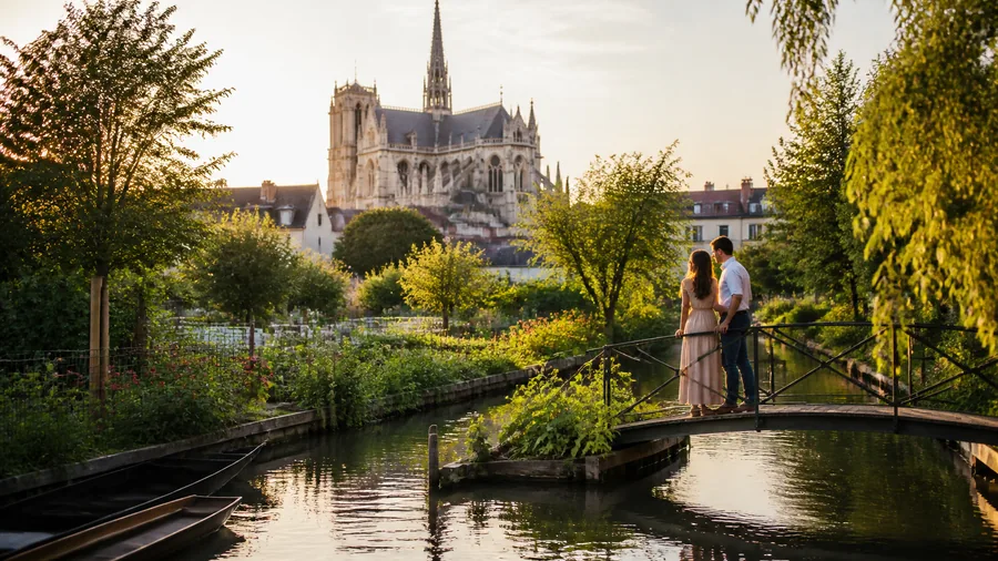 Ambiance romantique inspirée d'Amiens avec cathédrale, canaux des hortillonnages et petit pont au soleil couchant