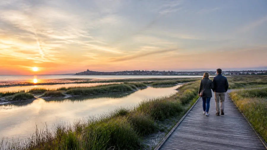 Ambiance romantique inspirée de la Baie de Somme avec marais salés, ponton en bois, reflets et coucher de soleil