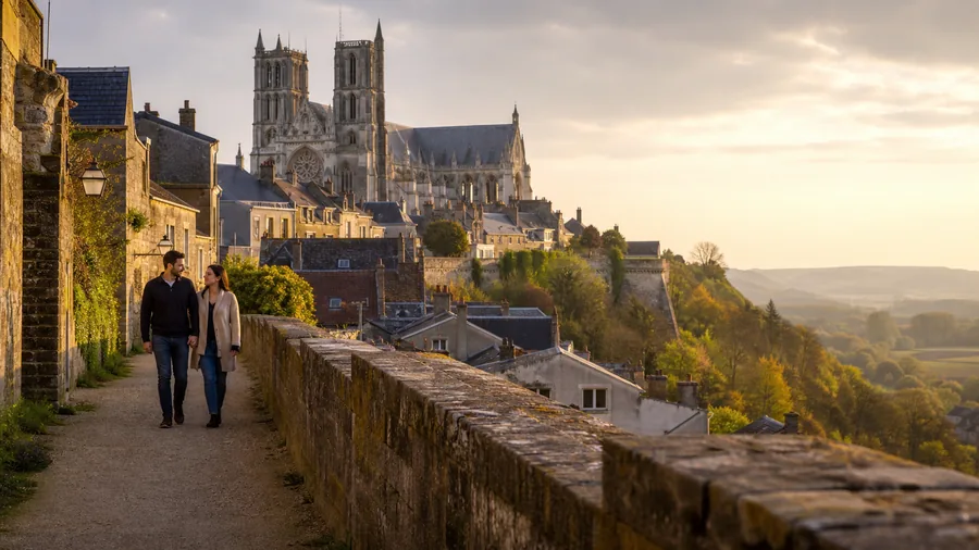 Ambiance romantique inspirée de Laon avec ville haute, remparts, cathédrale et campagne de l'Aisne