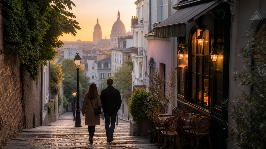 Ambiance romantique inspirée de Montmartre avec ruelles pavées, escaliers et Sacré-Cœur au matin