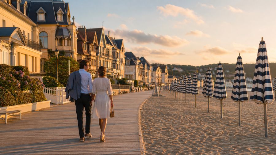 Ambiance romantique inspirée de Deauville et Trouville entre plage, villas et parasols rayés