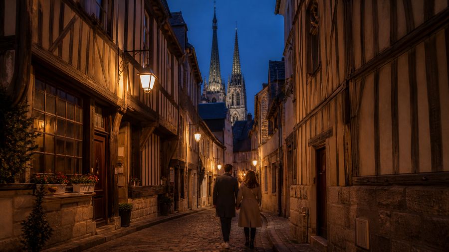 Ambiance romantique inspirée du vieux Rouen avec maisons à colombages et cathédrale au soir