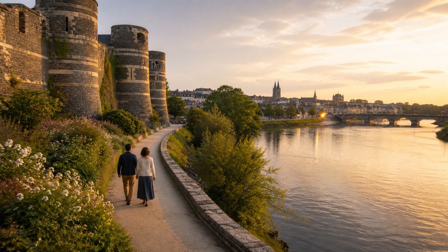 Ambiance romantique inspirée d'Angers avec château, Maine et lumière dorée