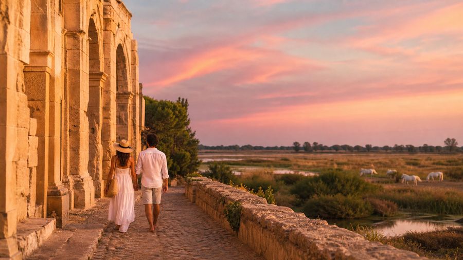 Ambiance romantique inspirée d'Arles et de la Camargue entre pierre antique, marais et ciel rose