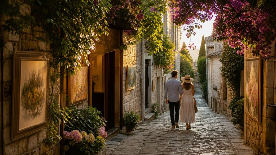 Ambiance romantique inspirée de Saint-Paul-de-Vence avec ruelle de pierre, fleurs et galeries discrètes