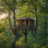 Cabane nature isolée avec terrasse au milieu des arbres